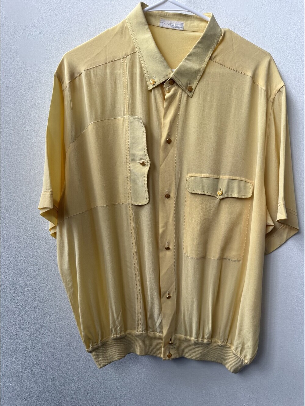 Vintage Italian 100% Silk Umbrella-Button Blouson Shirt Butter Yellow